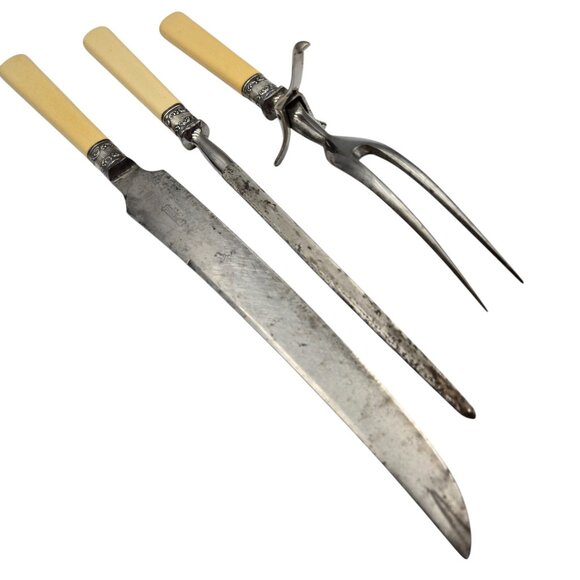 Landers Frary Clark 3 Piece Carving Set Sterling Stamped Band Vintage - Picture 10 of 13